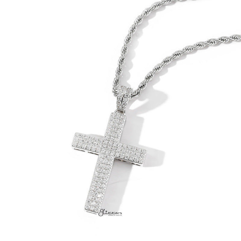 Iced Out Micro CZ Pave Cross Pendant - Silver-Hip Hop, Hip Hop Pendant, Iced Out, Men's Necklace, Necklaces, Pendants-nk1074S2-Glitters