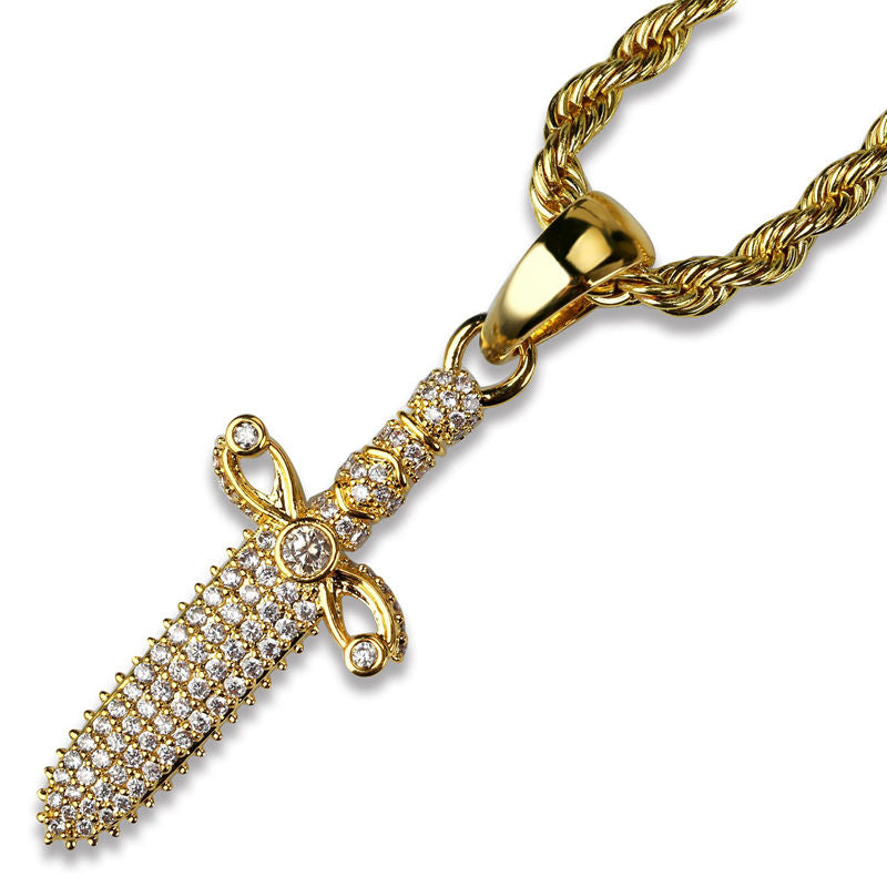 Iced Out Sword Pendant - Gold-Hip Hop, Hip Hop Pendant, Iced Out, Men's Necklace, Necklaces, Pendants-nk1082-G1-Glitters
