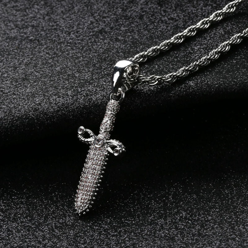 Iced Out Sword Pendant - Silver | Hip Hop Jewellery | Glitters