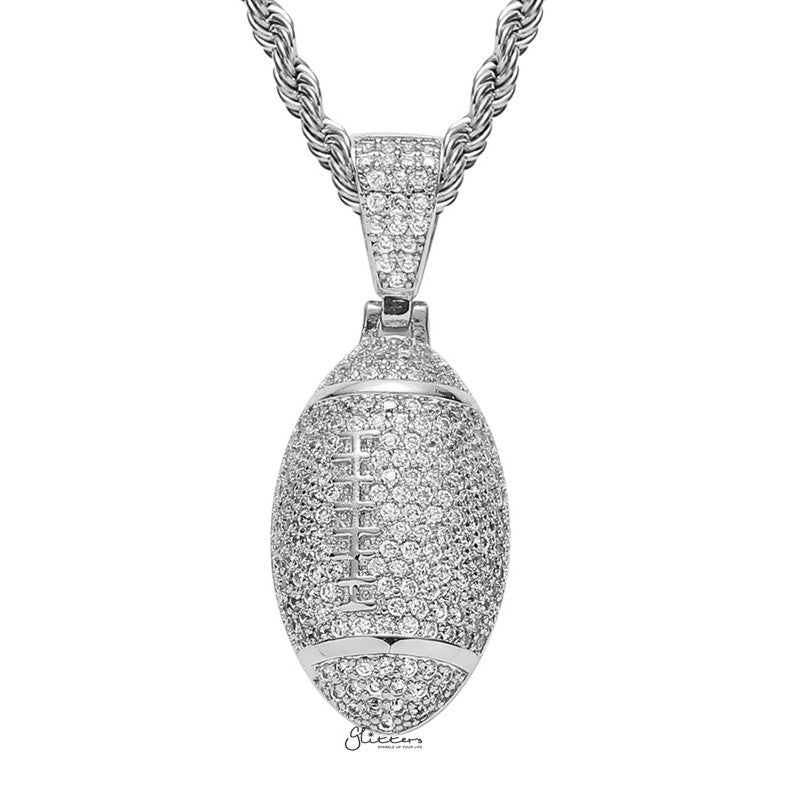 Iced Out Rugby Ball Pendant - Silver-Hip Hop, Hip Hop Pendant, Iced Out, Men's Necklace, Necklaces, Pendants-nk1087-s1_1-Glitters
