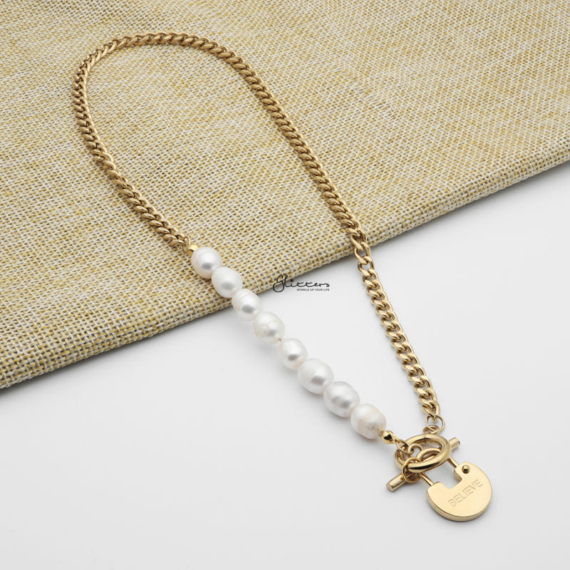 Freshwater Pearls with Stainless Steel Toggle Clasp Chain Necklace-Freshwater Pearl, Jewellery, Necklaces, Stainless Steel Chain, Women's Jewellery, Women's Necklace-nk1090-2_1-Glitters