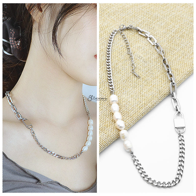 Freshwater Pearls with Stainless Steel Chain Necklace-Freshwater Pearl, Jewellery, Necklaces, Stainless Steel Chain, Women's Jewellery, Women's Necklace-nk1097-m-Glitters