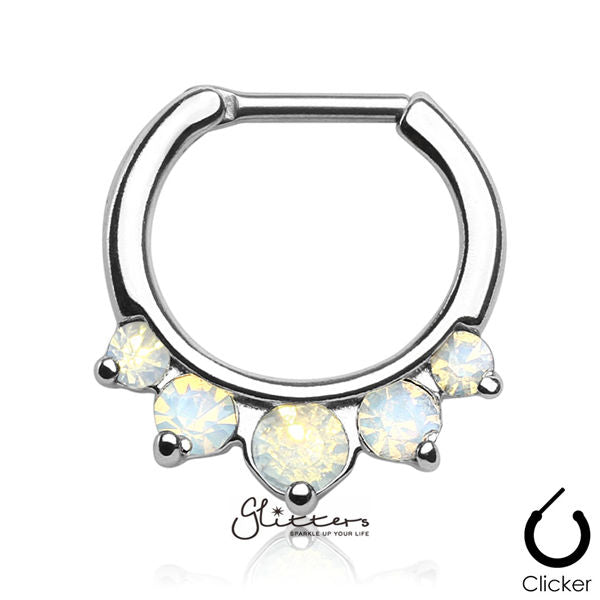 316L Surgical Steel Five Pronged Opalites Septum Clicker-White-Body Piercing Jewellery, Nose, Septum Ring-ns0047-1-Glitters