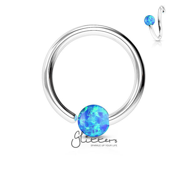 316L Surgical Steel Opal Ball Fixed On End Hoop Ring-Opal Blue-Body Piercing Jewellery, Captive Ring, Nipple Barbell, Septum Ring-ns0066-CP0014-1-Glitters