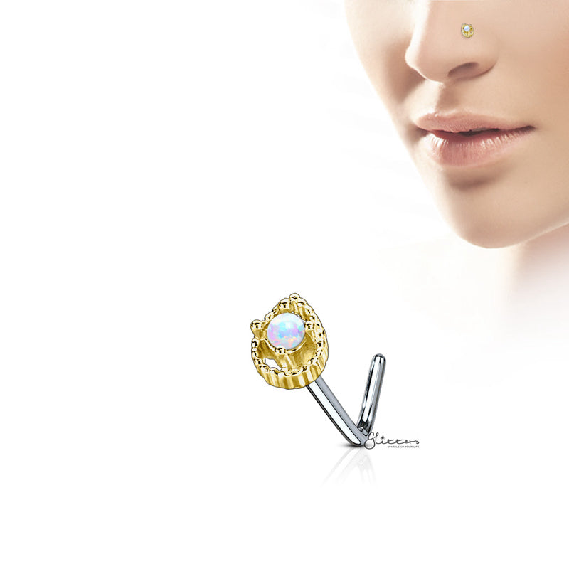 316L Surgical Steel Tear Drop Prong set Opal Center L Bend Nose Stud Rings-Body Piercing Jewellery, L Bend, Nose Piercing Jewellery, Nose Studs-ns0078-g-Glitters
