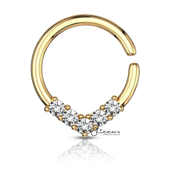 5 CZ Set V Shaped on Round Bendable Rings - Silver | Gold | Rose Gold-Body Piercing Jewellery, Cartilage, Cubic Zirconia, Nose, Septum Ring-ns0082_G-Glitters