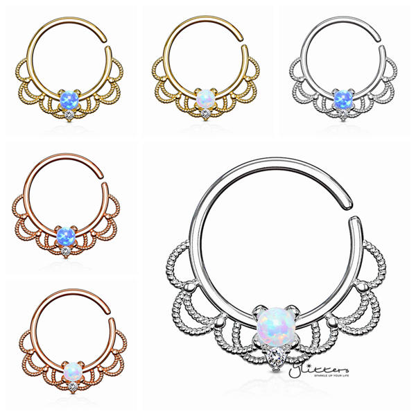 Opal Set Centered Filigree Bendable Hoop Rings for Nose Septum, Daith and Ear Cartilage-Body Piercing Jewellery, Cartilage, Daith, Nose, Septum Ring-ns0086_01-Glitters
