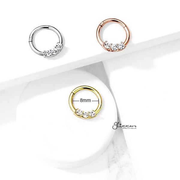 316L Surgical Steel 3-CZ Set Hinged Segment Hoop Rings-Body Piercing Jewellery, Cartilage, Cubic Zirconia, Daith, Nose, Septum Ring-ns0095-M_New-Glitters