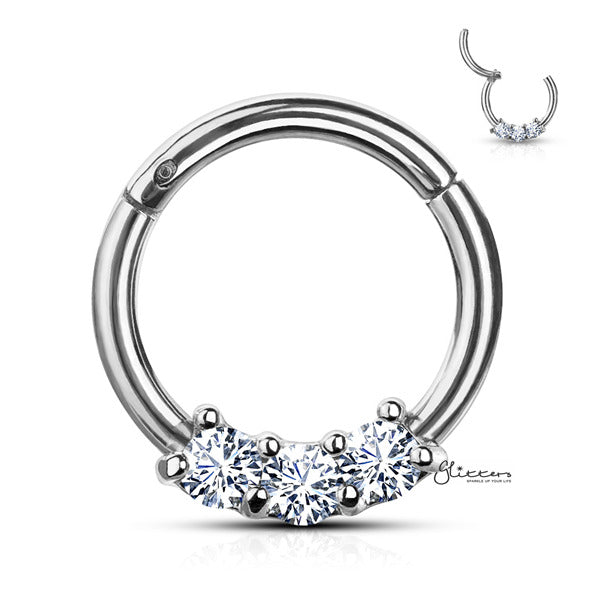 316L Surgical Steel 3-CZ Set Hinged Segment Hoop Rings-Body Piercing Jewellery, Cartilage, Cubic Zirconia, Daith, Nose, Septum Ring-ns0095-S_600-Glitters