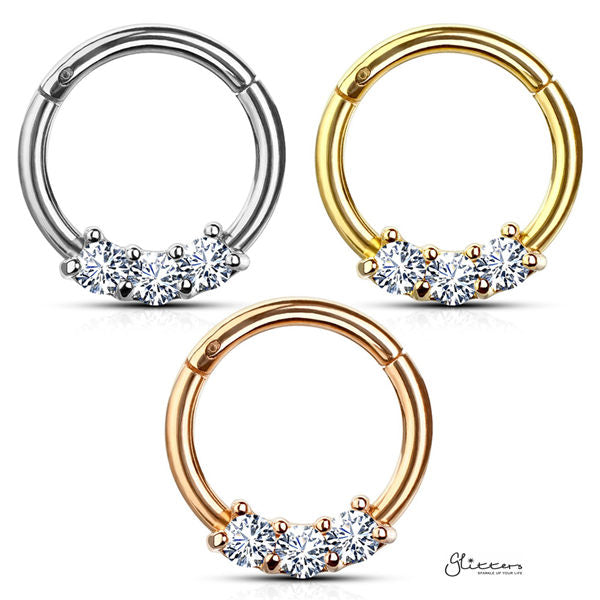 316L Surgical Steel 3-CZ Set Hinged Segment Hoop Rings-Body Piercing Jewellery, Cartilage, Cubic Zirconia, Daith, Nose, Septum Ring-ns0095-all_600-Glitters