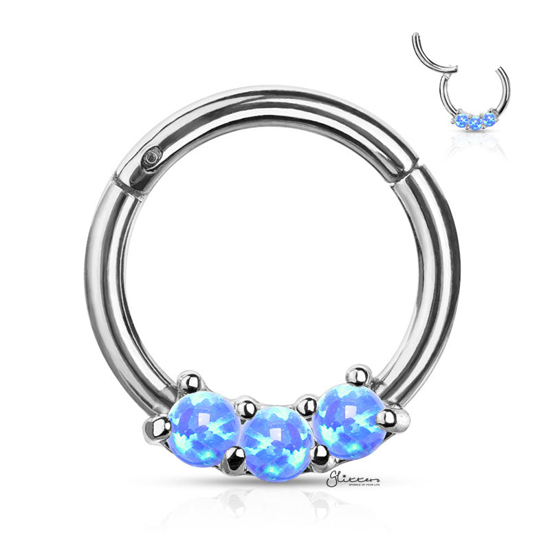 3-Opal Set Hinged Segment Hoop Ring - Blue-Body Piercing Jewellery, Cartilage, Daith, Nose, Septum Ring-2-Glitters