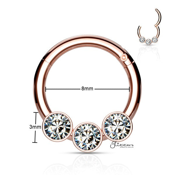 316L Surgical Steel Hinged Segment Hoop Ring with 3 Crystals - Rose Gold-Body Piercing Jewellery, Cartilage, Crystal, Daith, Nose, Septum Ring-ns0102-rg2_600_New-Glitters