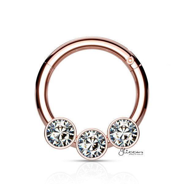 316L Surgical Steel Hinged Segment Hoop Ring with 3 Crystals - Rose Gold-Body Piercing Jewellery, Cartilage, Crystal, Daith, Nose, Septum Ring-ns0102-rg_600-Glitters