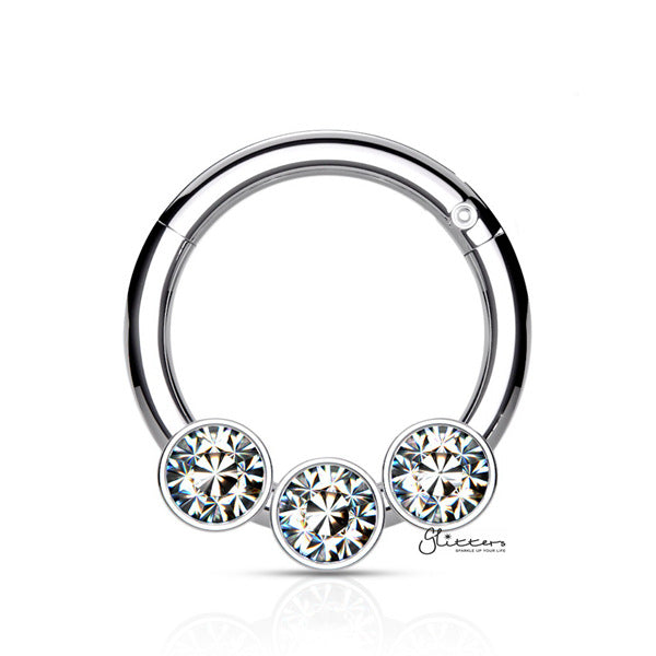 316L Surgical Steel Hinged Segment Hoop Ring with 3 Crystals - Silver-Body Piercing Jewellery, Cartilage, Crystal, Daith, Nose, Septum Ring-ns0102-s_600-Glitters