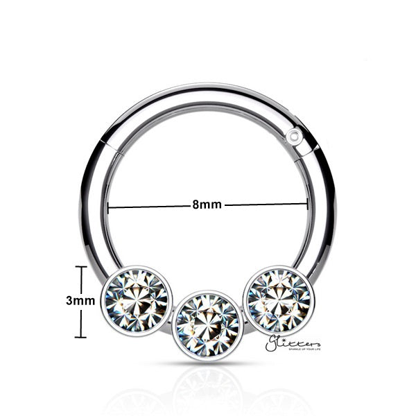 316L Surgical Steel Hinged Segment Hoop Ring with 3 Crystals - Silver-Body Piercing Jewellery, Cartilage, Crystal, Daith, Nose, Septum Ring-ns0102-s_600_New-Glitters