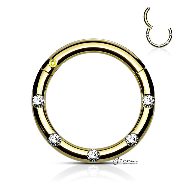 Surgical Steel Hinged Segment Hoop Ring with 5 Crystals - Gold-Body Piercing Jewellery, Cartilage, Crystal, Daith, Nose, Septum Ring-ns0104-g1_02-Glitters