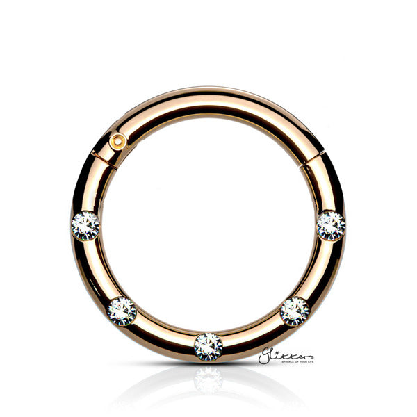 Surgical Steel Hinged Segment Hoop Ring with 5 Crystals - Rose Gold-Body Piercing Jewellery, Cartilage, Crystal, Daith, Nose, Septum Ring-ns0104-rg1_01-Glitters