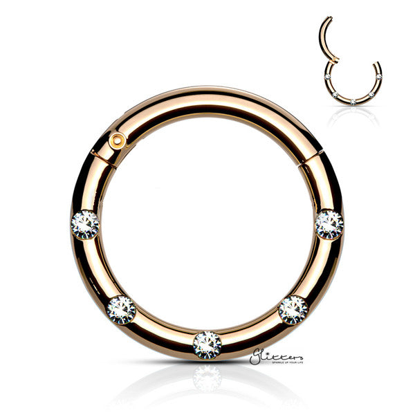Surgical Steel Hinged Segment Hoop Ring with 5 Crystals - Rose Gold-Body Piercing Jewellery, Cartilage, Crystal, Daith, Nose, Septum Ring-ns0104-rg1_02-Glitters