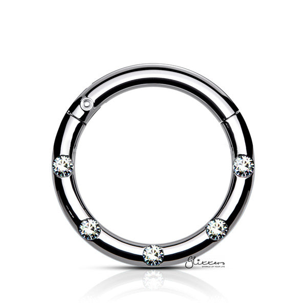 Surgical Steel Hinged Segment Hoop Ring with 5 Crystals - Silver-Body Piercing Jewellery, Cartilage, Crystal, Daith, Nose, Septum Ring-ns0104-s1_01-Glitters