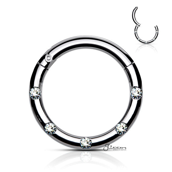 Surgical Steel Hinged Segment Hoop Ring with 5 Crystals - Silver-Body Piercing Jewellery, Cartilage, Crystal, Daith, Nose, Septum Ring-ns0104-s1_02-Glitters