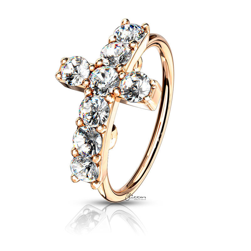 CZ Paved Cross Top Bendable Hoop Ring - Rose Gold-Body Piercing Jewellery, Cubic Zirconia, Nose Piercing Jewellery, Nose Ring, Nose Studs, Tragus-ns0105-rg-Glitters