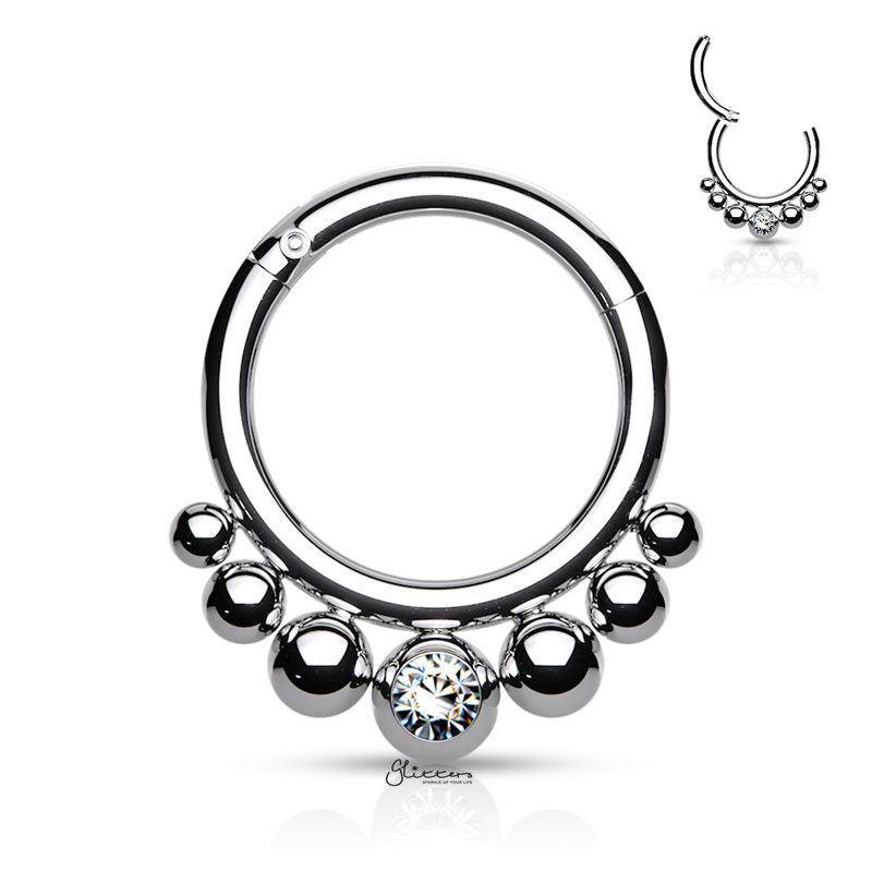 Graduated Balls and Bezel Set Crystal Center Segment Hoop Ring - Silver-Body Piercing Jewellery, Cartilage, Crystal, Daith, Nose, Septum Ring-ns0106-s-Glitters