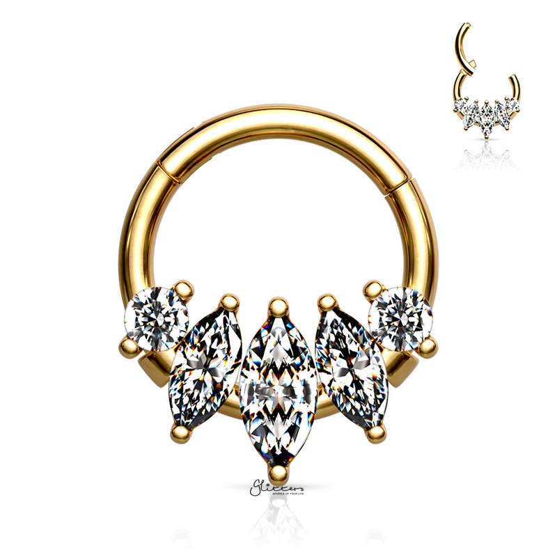 Five CZ set Segment Hoop Ring - Gold-Body Piercing Jewellery, Cartilage, Cubic Zirconia, Daith, Nose, Septum Ring-ns0107-g-Glitters