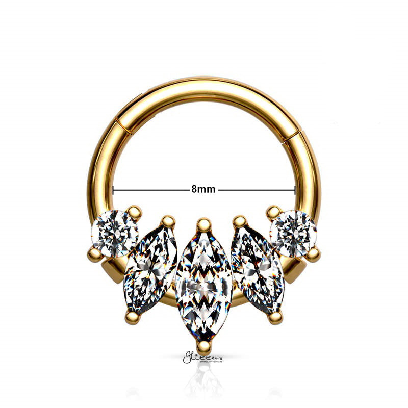 Five CZ set Segment Hoop Ring - Gold-Body Piercing Jewellery, Cartilage, Cubic Zirconia, Daith, Nose, Septum Ring-ns0107-g_New-Glitters