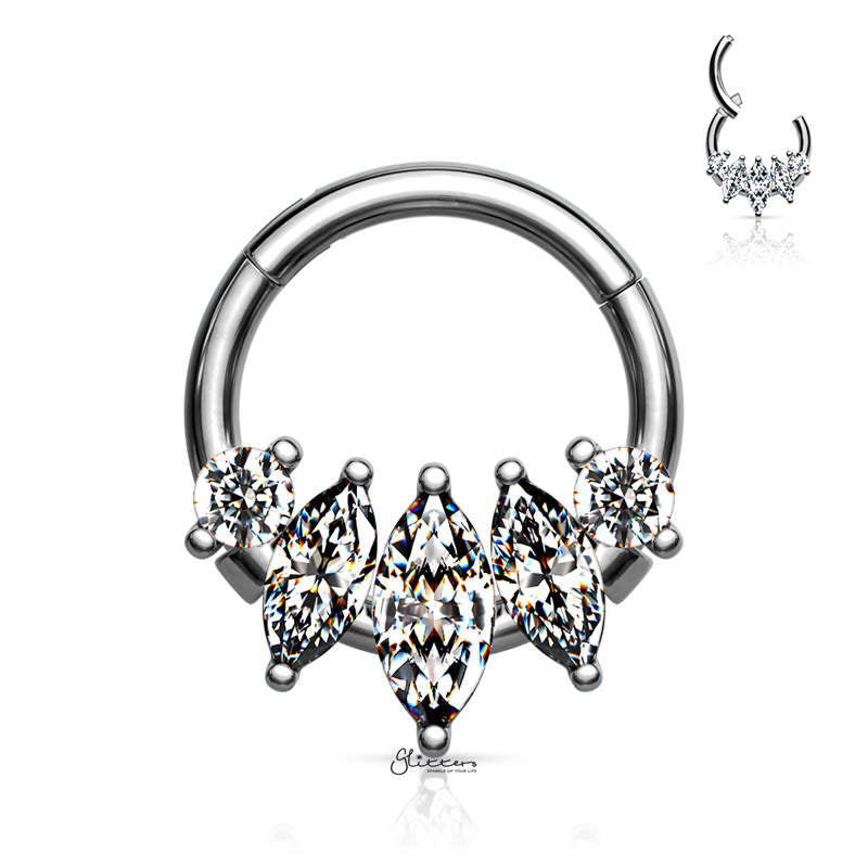 Five CZ set Segment Hoop Ring - Silver-Body Piercing Jewellery, Cartilage, Cubic Zirconia, Daith, Nose, Septum Ring-ns0107-s-Glitters