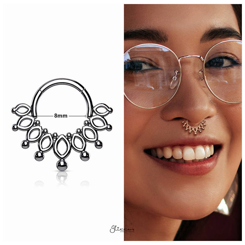 Beaded End Crown Hinged Segment Hoop Ring - Silver-Body Piercing Jewellery, Cartilage, Daith, Nose, Septum Ring-1-Glitters