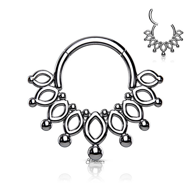 Beaded End Crown Hinged Segment Hoop Ring - Silver-Body Piercing Jewellery, Cartilage, Daith, Nose, Septum Ring-ns0109-s-Glitters