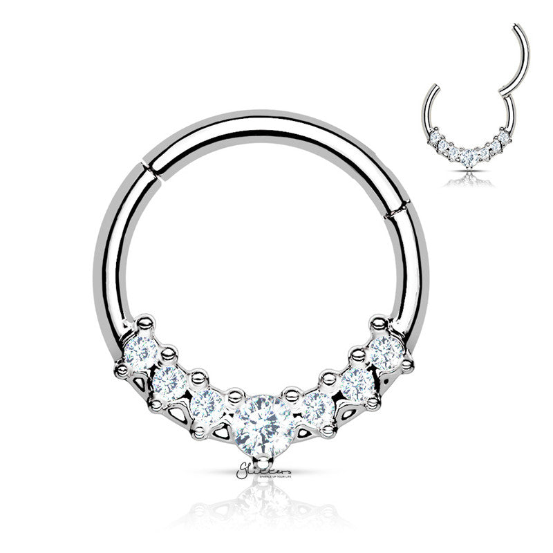 Lined CZ Fan Hinged Segment Hoop Ring - Silver-Body Piercing Jewellery, Cartilage, Daith, Nose, Septum Ring-ns0111-s_b49a3d34-3107-4c4e-b5de-25c2068bba4a-Glitters