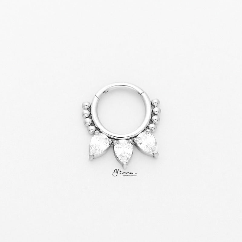 Pear CZ Hinged Segment Hoop Ring - Silver-Body Piercing Jewellery, Cartilage, Cubic Zirconia, Daith, Septum Ring-ns0114-s1_800-Glitters