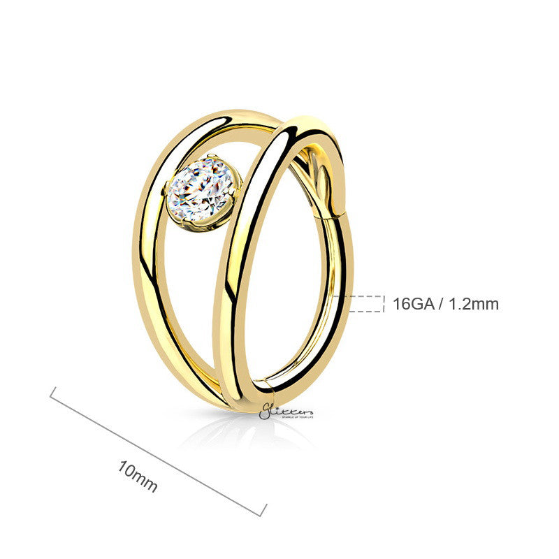 Double Lines and CZ Hinged Segment Hoop Ring - Gold-Body Piercing Jewellery, Cartilage, Cubic Zirconia, Daith, Septum Ring-ns0125-gs1_800-Glitters