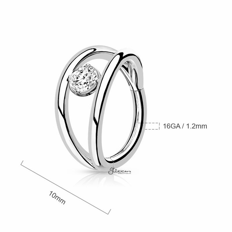 Double Lines and CZ Hinged Segment Hoop Ring - Silver-Body Piercing Jewellery, Cartilage, Cubic Zirconia, Daith, Septum Ring-ns0125-ss1_800-Glitters