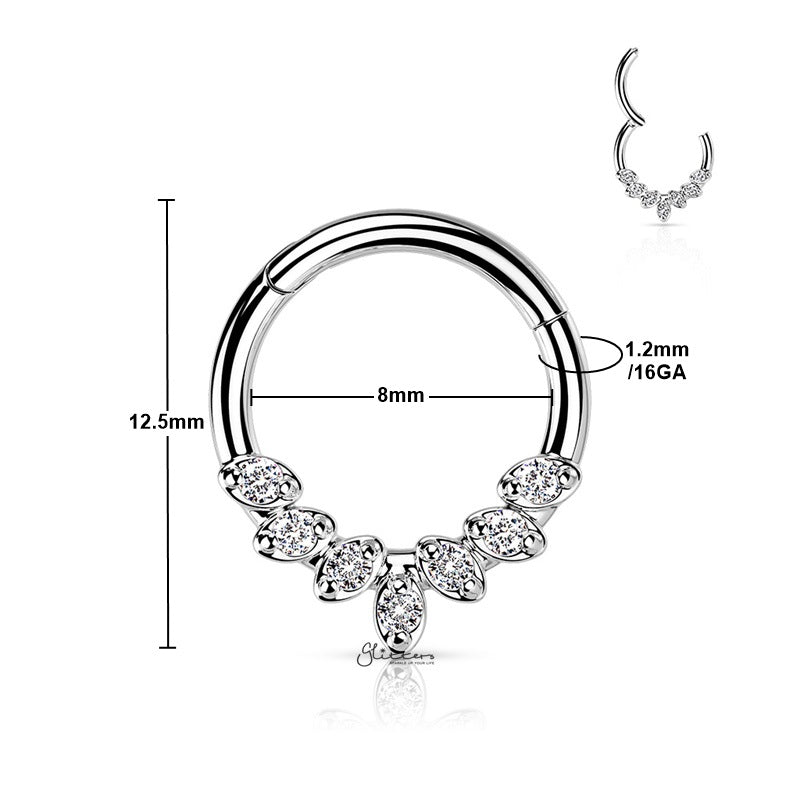 7 CZ Leaves Hinged Segment Septum Ring - Silver-Body Piercing Jewellery, Cartilage, Cubic Zirconia, Daith, Septum Ring-ns0133-s2_New-Glitters