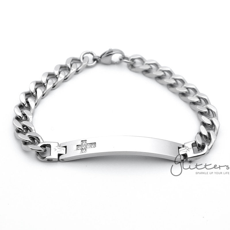 Stainless Steel Men's ID Bracelet with Cubic Zirconia Cross-Bracelets, Cubic Zirconia, Engravable, ID Bracelet, Jewellery, Men's Bracelet, Men's Jewellery, Stainless Steel, Stainless Steel Bracelet-sb0024_1-Glitters