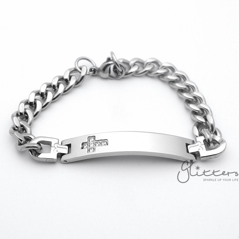 Stainless Steel Men's ID Bracelet with Cubic Zirconia Cross + Engraving-Engraved Bracelet, Engraving, Personalized-sb0024_2_4621015c-079c-4598-b4d8-7d496d764b4c-Glitters