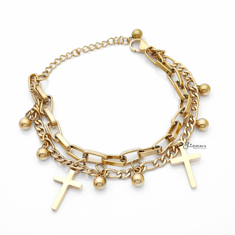 Double Layered Women's Bracelet with Dangle Cross Charms - Gold-Bracelets, Jewellery, Stainless Steel, Stainless Steel Bracelet, Women's Bracelet, Women's Jewellery-sb0073-G1_800-Glitters