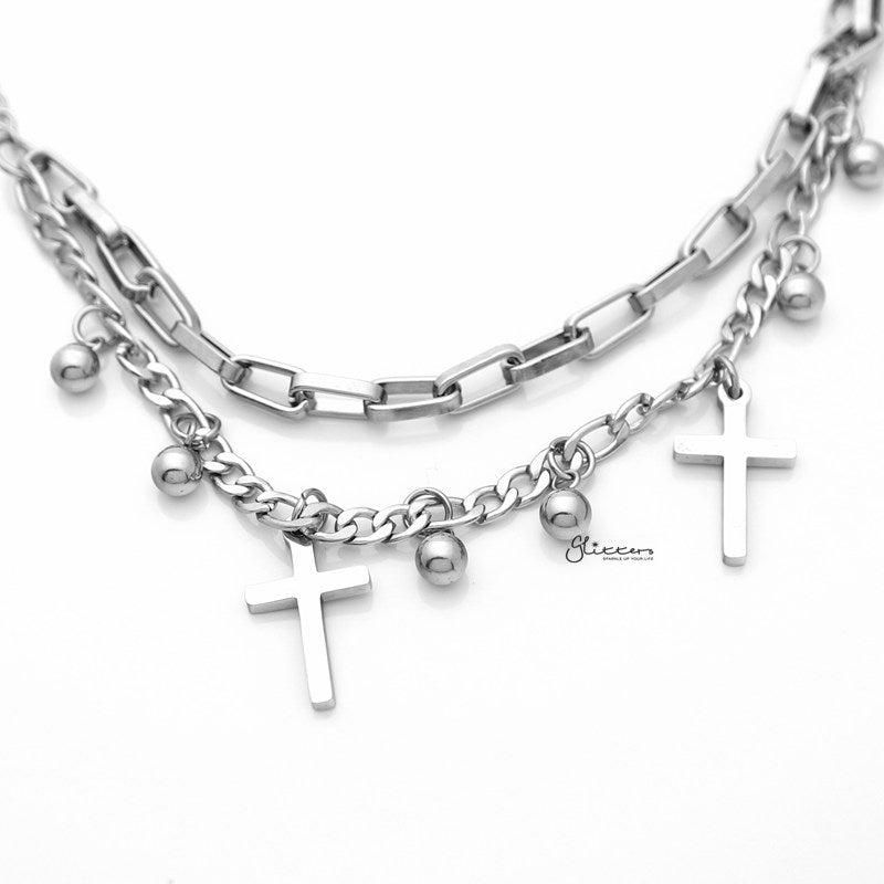 Double Layered Women's Bracelet with Dangle Cross Charms - Silver-Bracelets, Jewellery, Stainless Steel, Stainless Steel Bracelet, Women's Bracelet, Women's Jewellery-sb0073-S2_800-Glitters