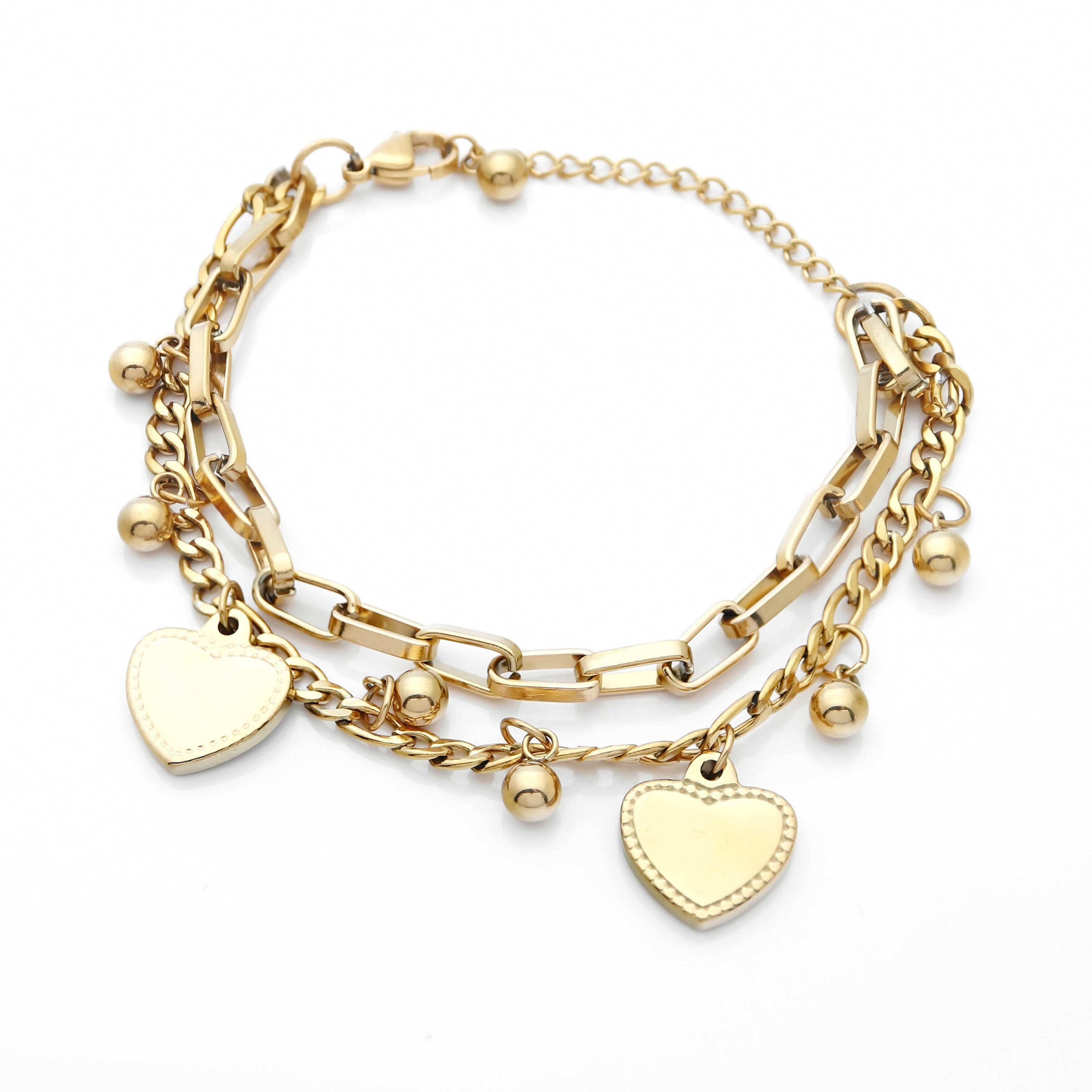 Double Layered Women's Bracelet with Dangle Heart Charms - Gold-Bracelets, Jewellery, Stainless Steel, Stainless Steel Bracelet, Women's Bracelet, Women's Jewellery-sb0074-g-1-Glitters
