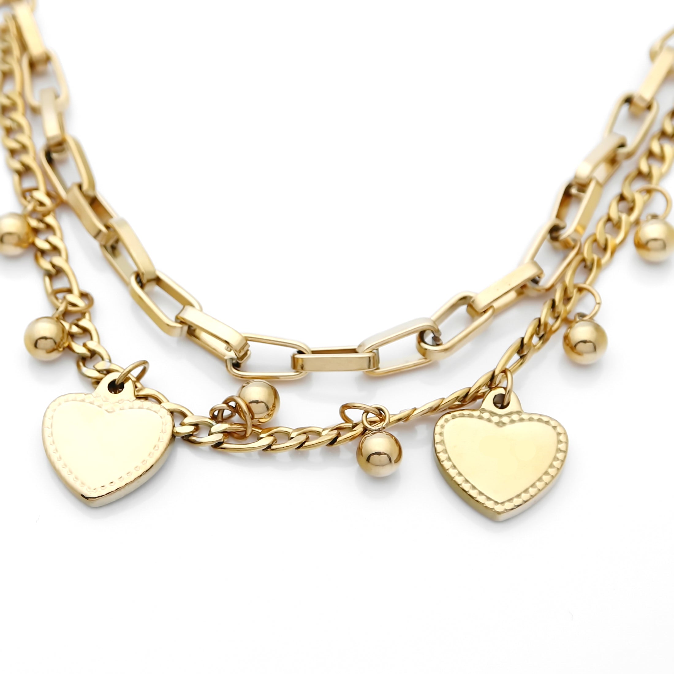 Double Layered Women's Bracelet with Dangle Heart Charms - Gold-Bracelets, Jewellery, Stainless Steel, Stainless Steel Bracelet, Women's Bracelet, Women's Jewellery-sb0074-g-2-Glitters