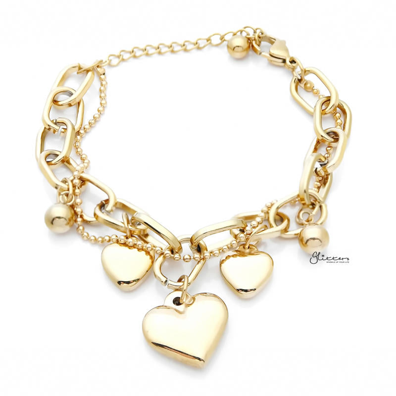 Stainless Steel Women's Bracelet with Dangle Heart Charms - Gold-Bracelets, Jewellery, Stainless Steel, Stainless Steel Bracelet, Women's Bracelet, Women's Jewellery-sb0076-g1_800-Glitters