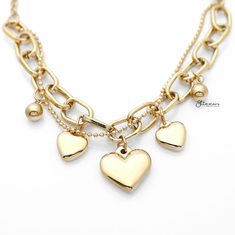 Stainless Steel Women's Bracelet with Dangle Heart Charms - Gold-Bracelets, Jewellery, Stainless Steel, Stainless Steel Bracelet, Women's Bracelet, Women's Jewellery-sb0076-g2_800-Glitters