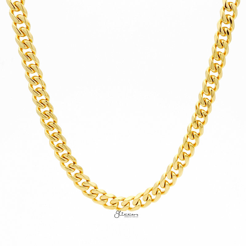 Gold I.P Stainless Steel Beveled Cuban Chain Necklace - 9mm width-Chain Necklaces, Jewellery, Men's Chain, Men's Jewellery, Men's Necklace, Necklaces, Stainless Steel, Stainless Steel Chain-sc0041_1-Glitters
