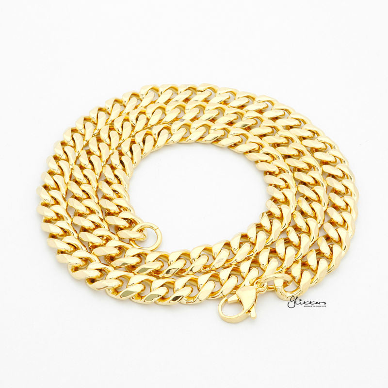 Gold I.P Stainless Steel Beveled Cuban Chain Necklace - 9mm width-Chain Necklaces, Jewellery, Men's Chain, Men's Jewellery, Men's Necklace, Necklaces, Stainless Steel, Stainless Steel Chain-sc0041_2-Glitters