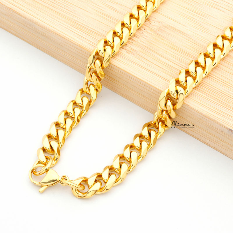 Gold I.P Stainless Steel Beveled Cuban Chain Necklace - 9mm width-Chain Necklaces, Jewellery, Men's Chain, Men's Jewellery, Men's Necklace, Necklaces, Stainless Steel, Stainless Steel Chain-sc0041_3-Glitters
