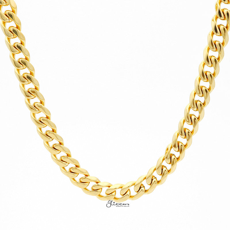 Gold I.P Stainless Steel Beveled Cuban Chain Necklace - 11mm width-Chain Necklaces, Jewellery, Men's Chain, Men's Jewellery, Men's Necklace, Necklaces, Stainless Steel, Stainless Steel Chain-sc0042_1-Glitters