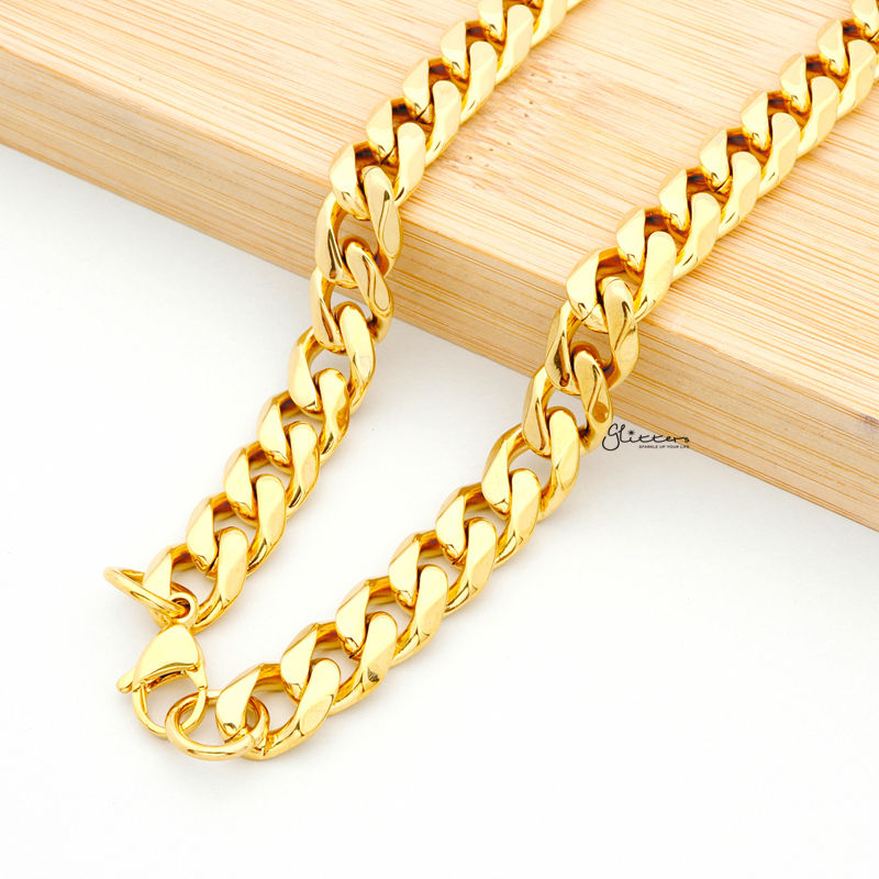 Gold I.P Stainless Steel Beveled Cuban Chain Necklace - 11mm width-Chain Necklaces, Jewellery, Men's Chain, Men's Jewellery, Men's Necklace, Necklaces, Stainless Steel, Stainless Steel Chain-sc0042_3-Glitters