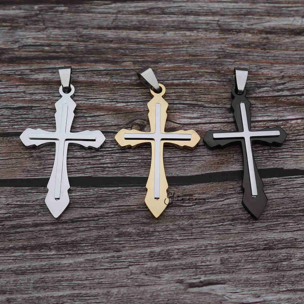 Stainless Steel Double Layer Cross Pendant-Jewellery, Men's Jewellery, Men's Necklace, necklace, Necklaces, Pendants, Stainless Steel, Stainless Steel Pendant-sp0265_1000-01-Glitters